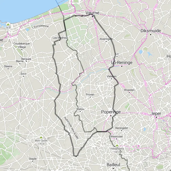 Map miniature of "Caëstre to Veurne" cycling inspiration in Nord-Pas de Calais, France. Generated by Tarmacs.app cycling route planner