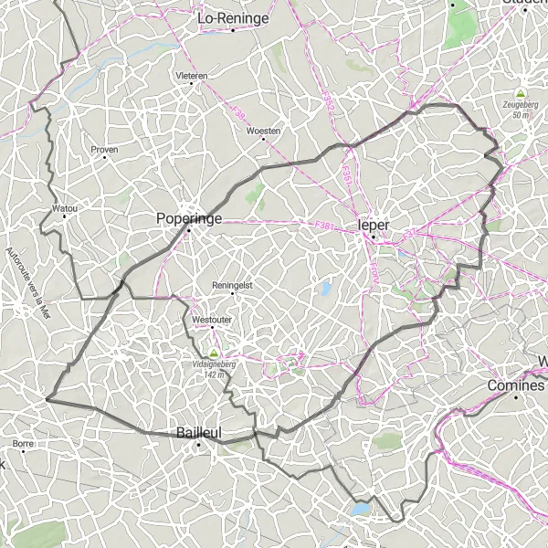 Map miniature of "Caëstre to Wulvergem" cycling inspiration in Nord-Pas de Calais, France. Generated by Tarmacs.app cycling route planner