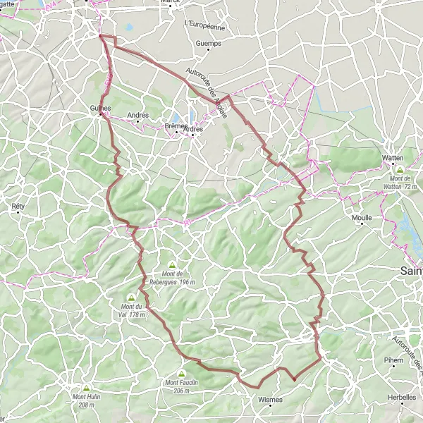 Miniature de la carte de l'inspiration cycliste "Les Chemins de Terre du Nord" dans la Nord-Pas de Calais, France. Générée par le planificateur d'itinéraire cycliste Tarmacs.app