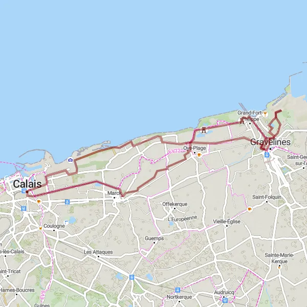 Miniature de la carte de l'inspiration cycliste "Exploration des Environs de Gravelines" dans la Nord-Pas de Calais, France. Générée par le planificateur d'itinéraire cycliste Tarmacs.app