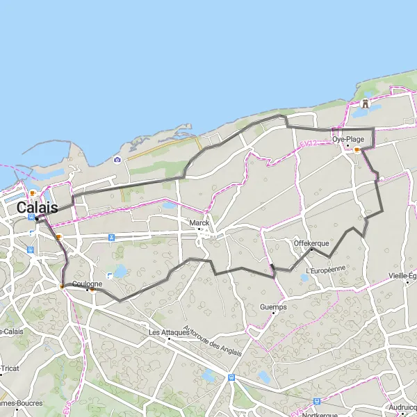 Miniature de la carte de l'inspiration cycliste "Escapade à Oye-Plage" dans la Nord-Pas de Calais, France. Générée par le planificateur d'itinéraire cycliste Tarmacs.app