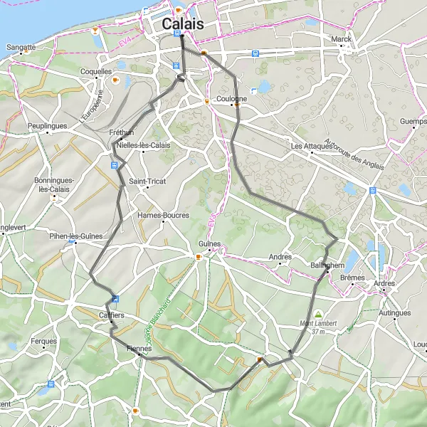 Miniature de la carte de l'inspiration cycliste "La Route des Hauts de Calais" dans la Nord-Pas de Calais, France. Générée par le planificateur d'itinéraire cycliste Tarmacs.app