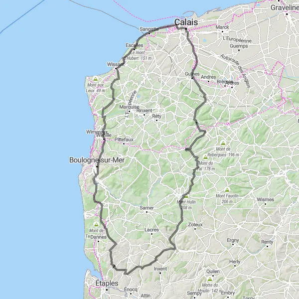 Miniature de la carte de l'inspiration cycliste "Parcours des Collines du Boulonnais" dans la Nord-Pas de Calais, France. Générée par le planificateur d'itinéraire cycliste Tarmacs.app