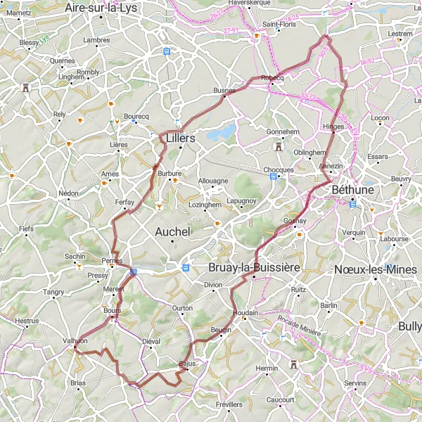 Map miniature of "Calonne-sur-la-Lys Gravel Adventure" cycling inspiration in Nord-Pas de Calais, France. Generated by Tarmacs.app cycling route planner