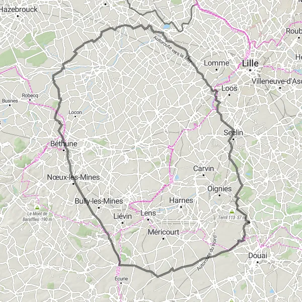 Miniature de la carte de l'inspiration cycliste "Le Tour des Terrils" dans la Nord-Pas de Calais, France. Générée par le planificateur d'itinéraire cycliste Tarmacs.app