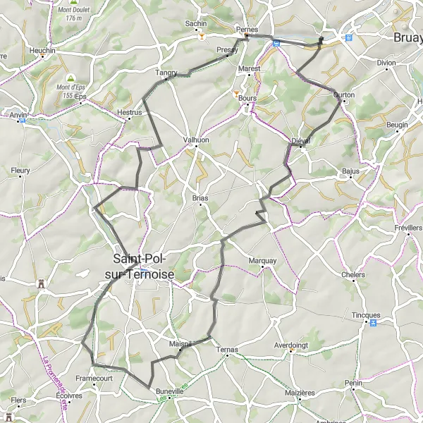 Map miniature of "Diéval to Pernes" cycling inspiration in Nord-Pas de Calais, France. Generated by Tarmacs.app cycling route planner