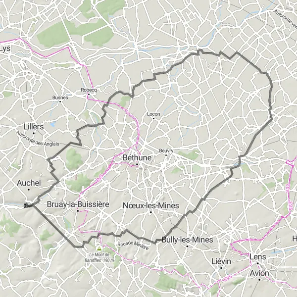 Map miniature of "Gonnehem to Maisnil-lès-Ruitz" cycling inspiration in Nord-Pas de Calais, France. Generated by Tarmacs.app cycling route planner