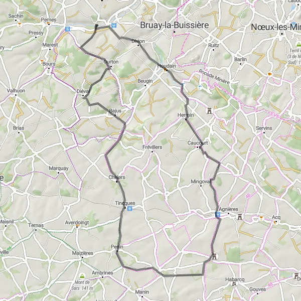 Map miniature of "The Challenging Climb" cycling inspiration in Nord-Pas de Calais, France. Generated by Tarmacs.app cycling route planner