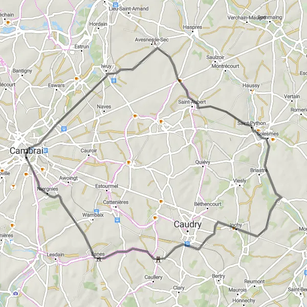 Map miniature of "Cambrai - Iwuy - Briastre - Inchy - Esnes - Cambrai" cycling inspiration in Nord-Pas de Calais, France. Generated by Tarmacs.app cycling route planner