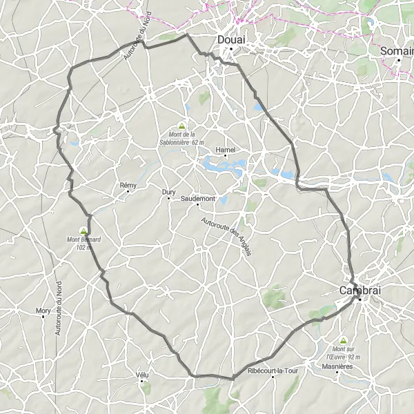 Map miniature of "Battlefields and Scenic Roads" cycling inspiration in Nord-Pas de Calais, France. Generated by Tarmacs.app cycling route planner