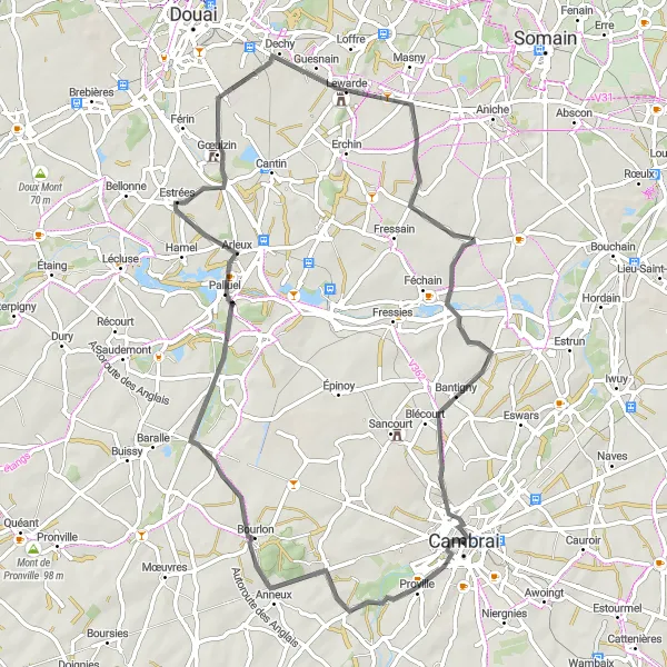 Map miniature of "The Hills of Cambrai" cycling inspiration in Nord-Pas de Calais, France. Generated by Tarmacs.app cycling route planner