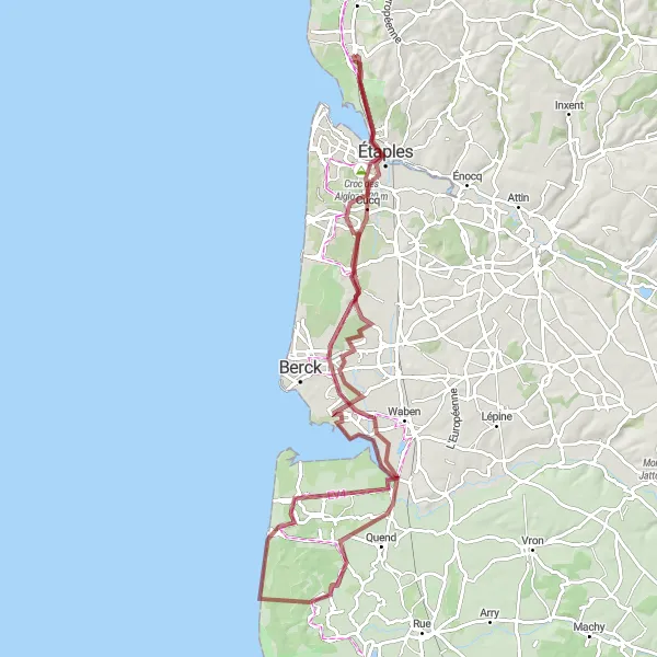 Map miniature of "Gravel Route through Camiers and Surrounding Villages" cycling inspiration in Nord-Pas de Calais, France. Generated by Tarmacs.app cycling route planner