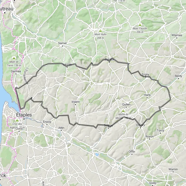 Miniature de la carte de l'inspiration cycliste "Les Collines du Boulonnais" dans la Nord-Pas de Calais, France. Générée par le planificateur d'itinéraire cycliste Tarmacs.app