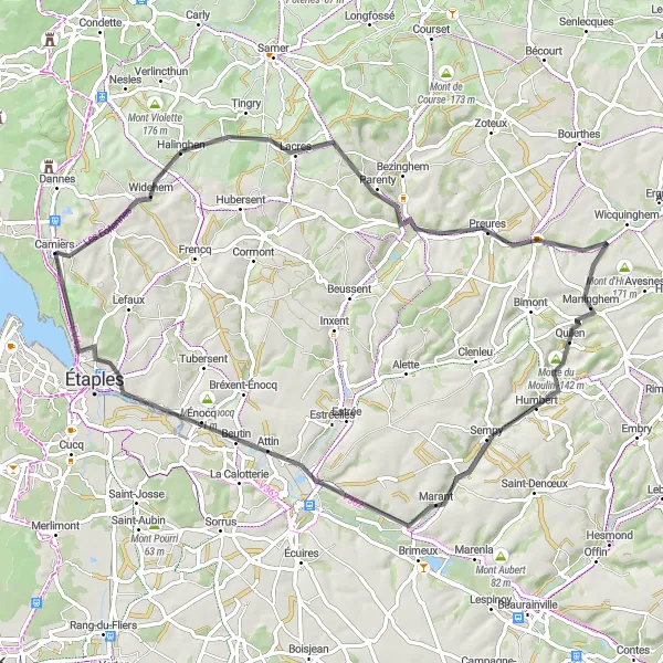 Map miniature of "Coastal Charm" cycling inspiration in Nord-Pas de Calais, France. Generated by Tarmacs.app cycling route planner