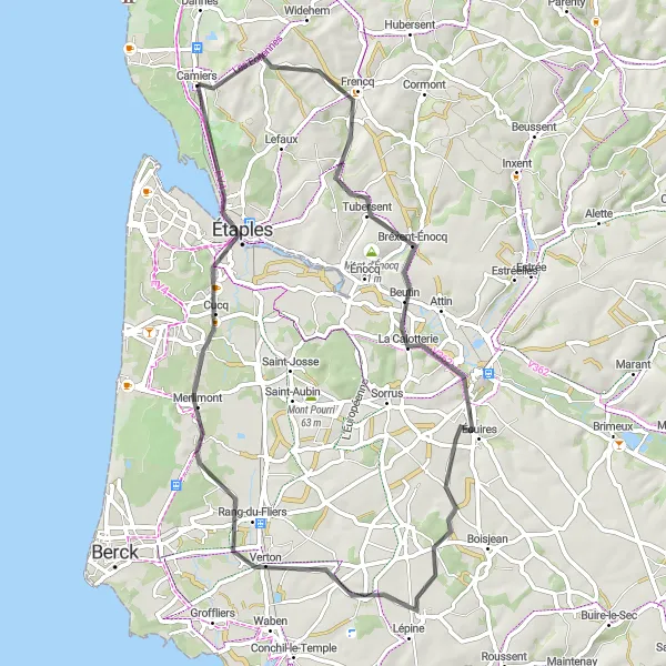 Miniature de la carte de l'inspiration cycliste "Boucle à vélo de Camiers à Étaples" dans la Nord-Pas de Calais, France. Générée par le planificateur d'itinéraire cycliste Tarmacs.app