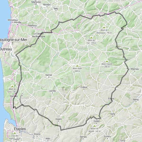 Map miniature of "The Road Less Traveled" cycling inspiration in Nord-Pas de Calais, France. Generated by Tarmacs.app cycling route planner