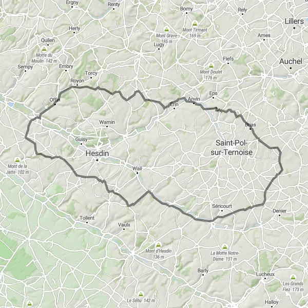 Map miniature of "Campagne-lès-Hesdin and Surroundings" cycling inspiration in Nord-Pas de Calais, France. Generated by Tarmacs.app cycling route planner