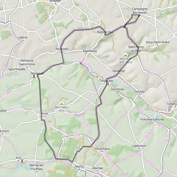 Miniature de la carte de l'inspiration cycliste "Escapade à Nampont" dans la Nord-Pas de Calais, France. Générée par le planificateur d'itinéraire cycliste Tarmacs.app