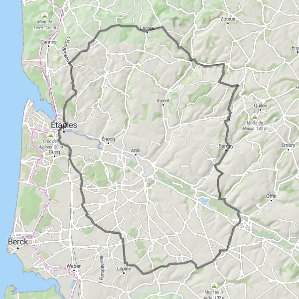Map miniature of "The Coastline Adventure" cycling inspiration in Nord-Pas de Calais, France. Generated by Tarmacs.app cycling route planner