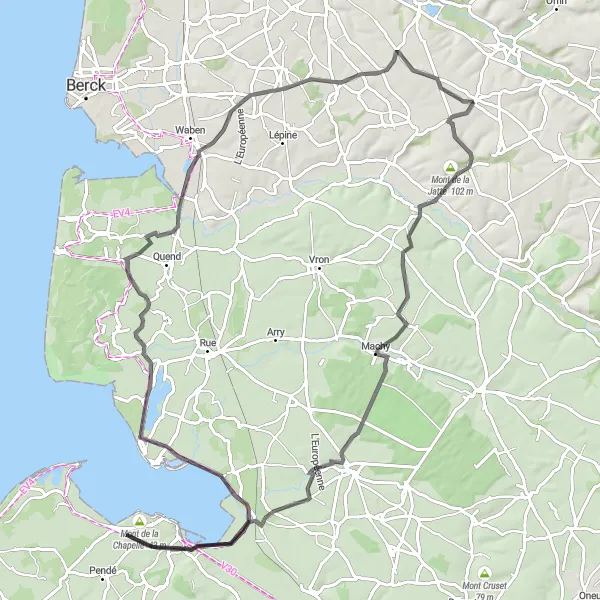 Map miniature of "The Diverse Expedition" cycling inspiration in Nord-Pas de Calais, France. Generated by Tarmacs.app cycling route planner