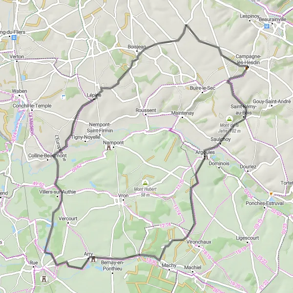 Map miniature of "The Circuit Through the Countryside" cycling inspiration in Nord-Pas de Calais, France. Generated by Tarmacs.app cycling route planner