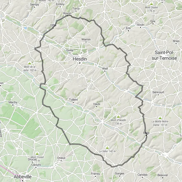 Map miniature of "Campagne-lès-Hesdin and Surroundings Extended" cycling inspiration in Nord-Pas de Calais, France. Generated by Tarmacs.app cycling route planner