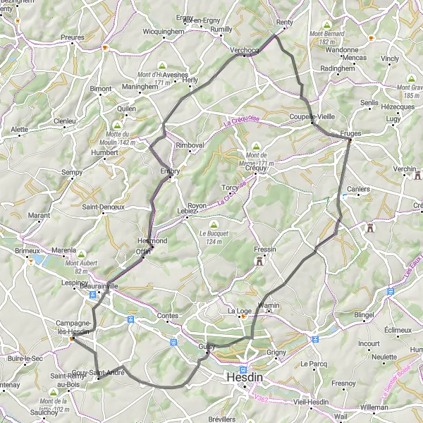 Map miniature of "Hesmond Discovery" cycling inspiration in Nord-Pas de Calais, France. Generated by Tarmacs.app cycling route planner