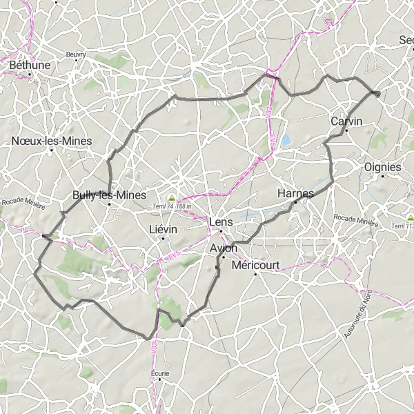 Miniature de la carte de l'inspiration cycliste "Parcours des Villages Authentiques" dans la Nord-Pas de Calais, France. Générée par le planificateur d'itinéraire cycliste Tarmacs.app