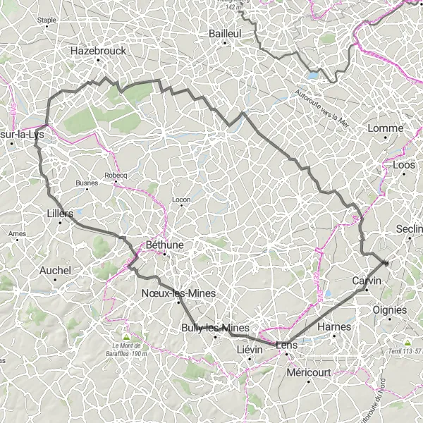 Miniature de la carte de l'inspiration cycliste "Boucle des Terrils et Villages" dans la Nord-Pas de Calais, France. Générée par le planificateur d'itinéraire cycliste Tarmacs.app