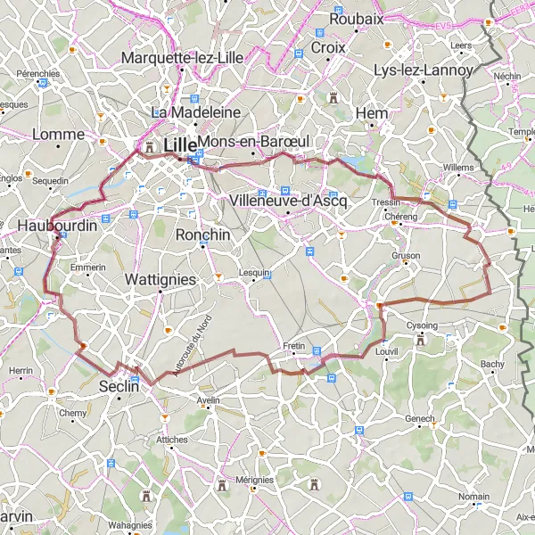 Miniature de la carte de l'inspiration cycliste "Circuit Gravel autour de Camphin-en-Pévèle" dans la Nord-Pas de Calais, France. Générée par le planificateur d'itinéraire cycliste Tarmacs.app