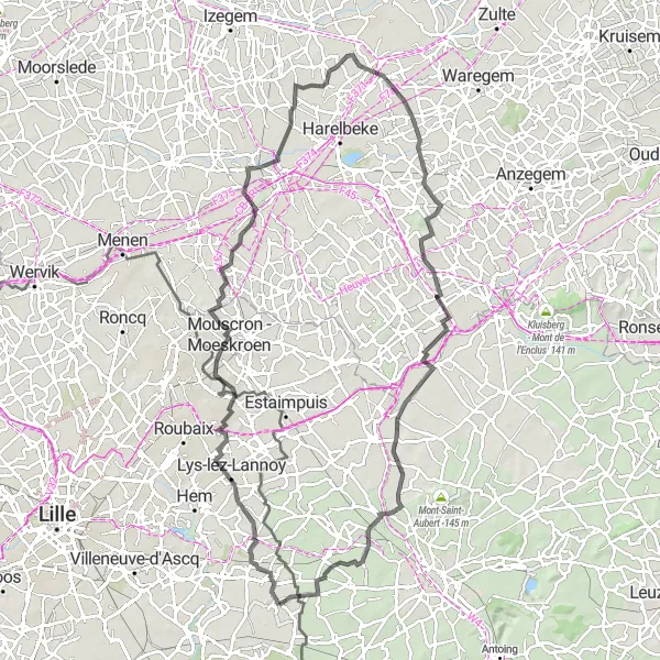 Miniature de la carte de l'inspiration cycliste "La boucle des villages flamands" dans la Nord-Pas de Calais, France. Générée par le planificateur d'itinéraire cycliste Tarmacs.app