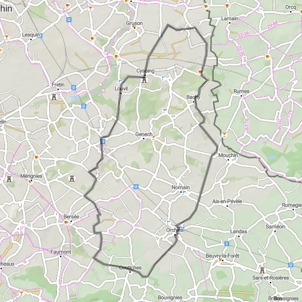 Miniature de la carte de l'inspiration cycliste "Les collines de Pévèle" dans la Nord-Pas de Calais, France. Générée par le planificateur d'itinéraire cycliste Tarmacs.app