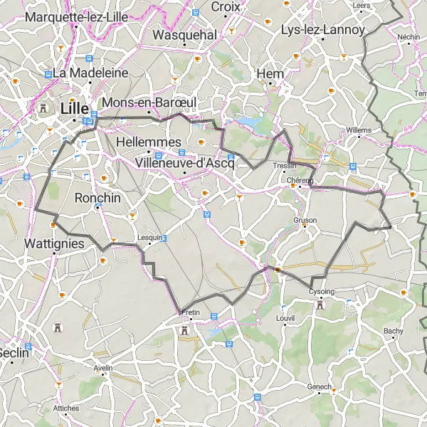 Miniature de la carte de l'inspiration cycliste "Circuit Route vers Lille et Chéreng" dans la Nord-Pas de Calais, France. Générée par le planificateur d'itinéraire cycliste Tarmacs.app