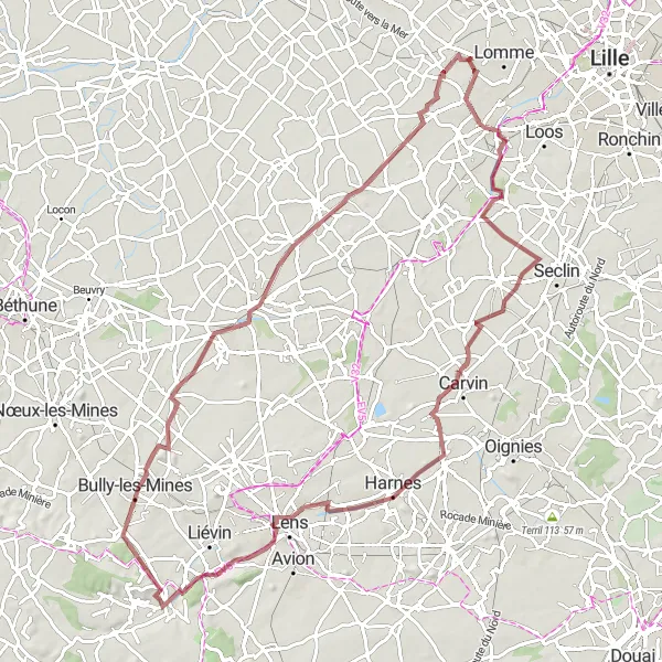 Miniature de la carte de l'inspiration cycliste "Grande boucle de Capinghem à Ennetières-en-Weppes" dans la Nord-Pas de Calais, France. Générée par le planificateur d'itinéraire cycliste Tarmacs.app