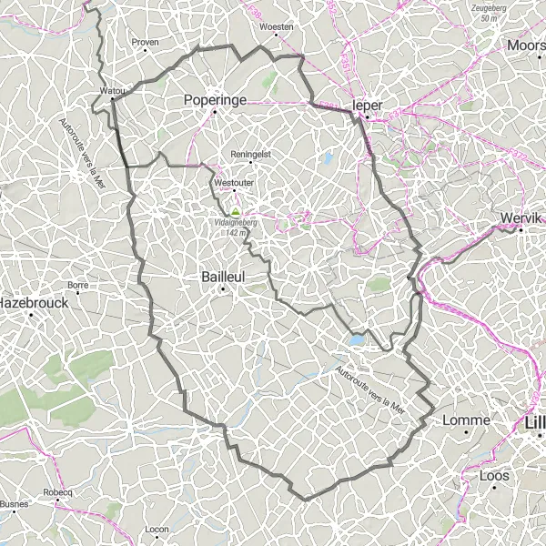 Map miniature of "Weppes and Beyond" cycling inspiration in Nord-Pas de Calais, France. Generated by Tarmacs.app cycling route planner