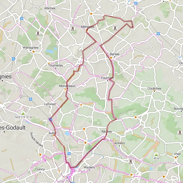 Map miniature of "Faumont to Mérignies" cycling inspiration in Nord-Pas de Calais, France. Generated by Tarmacs.app cycling route planner