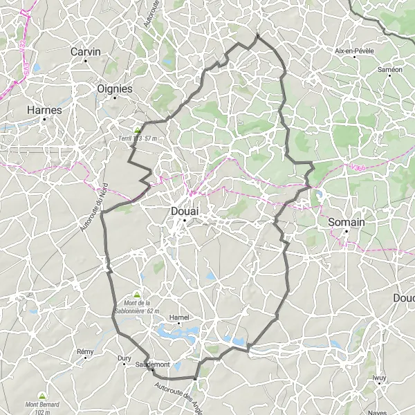 Map miniature of "Pévèle and Orchies Adventure" cycling inspiration in Nord-Pas de Calais, France. Generated by Tarmacs.app cycling route planner