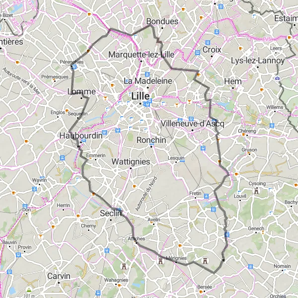 Map miniature of "Pevele and Flanders" cycling inspiration in Nord-Pas de Calais, France. Generated by Tarmacs.app cycling route planner