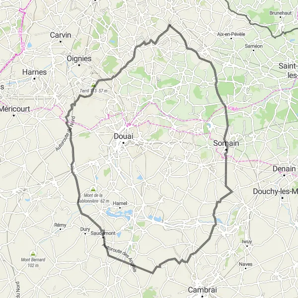 Miniature de la carte de l'inspiration cycliste "Randonnée à Travers l'Artois" dans la Nord-Pas de Calais, France. Générée par le planificateur d'itinéraire cycliste Tarmacs.app