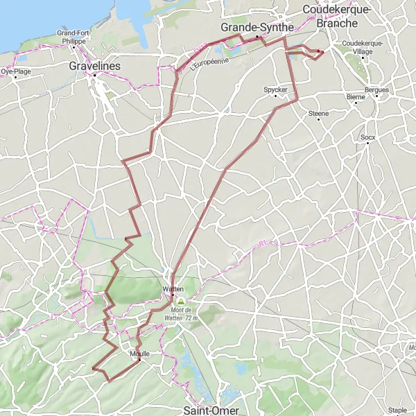 Miniature de la carte de l'inspiration cycliste "Randonnée Gravel à travers la Flandre intérieure" dans la Nord-Pas de Calais, France. Générée par le planificateur d'itinéraire cycliste Tarmacs.app