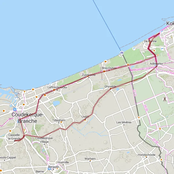 Miniature de la carte de l'inspiration cycliste "Les dunes de la Côte d'Opale en Gravel" dans la Nord-Pas de Calais, France. Générée par le planificateur d'itinéraire cycliste Tarmacs.app