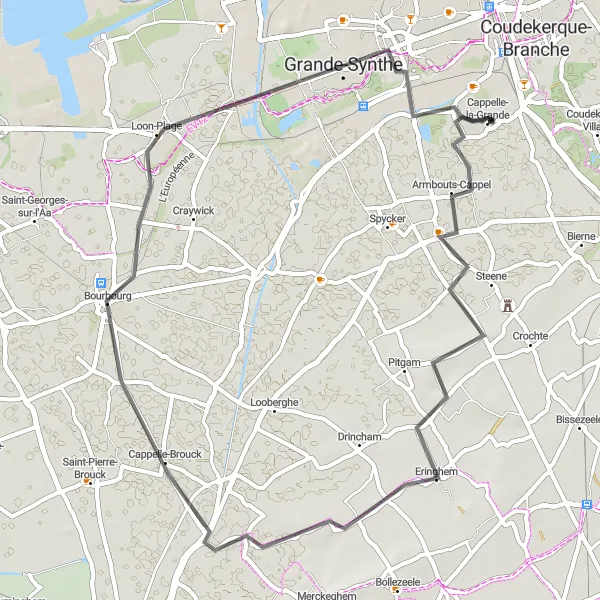 Map miniature of "Cappelle-Brouck and Beyond" cycling inspiration in Nord-Pas de Calais, France. Generated by Tarmacs.app cycling route planner