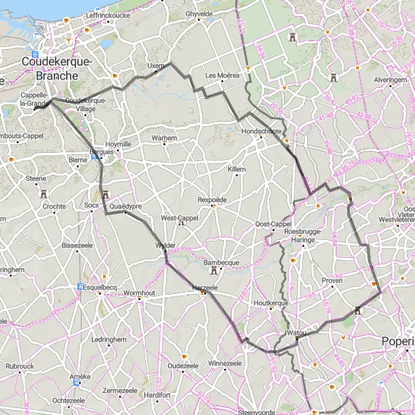 Miniature de la carte de l'inspiration cycliste "Parcours rural côtier" dans la Nord-Pas de Calais, France. Générée par le planificateur d'itinéraire cycliste Tarmacs.app