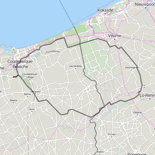 Miniature de la carte de l'inspiration cycliste "Parcours entre terre et mer" dans la Nord-Pas de Calais, France. Générée par le planificateur d'itinéraire cycliste Tarmacs.app