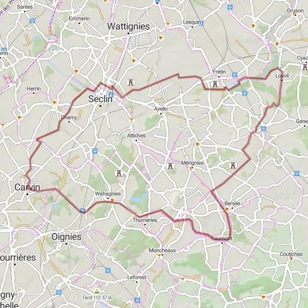 Miniature de la carte de l'inspiration cycliste "La Boucle de Carvin" dans la Nord-Pas de Calais, France. Générée par le planificateur d'itinéraire cycliste Tarmacs.app