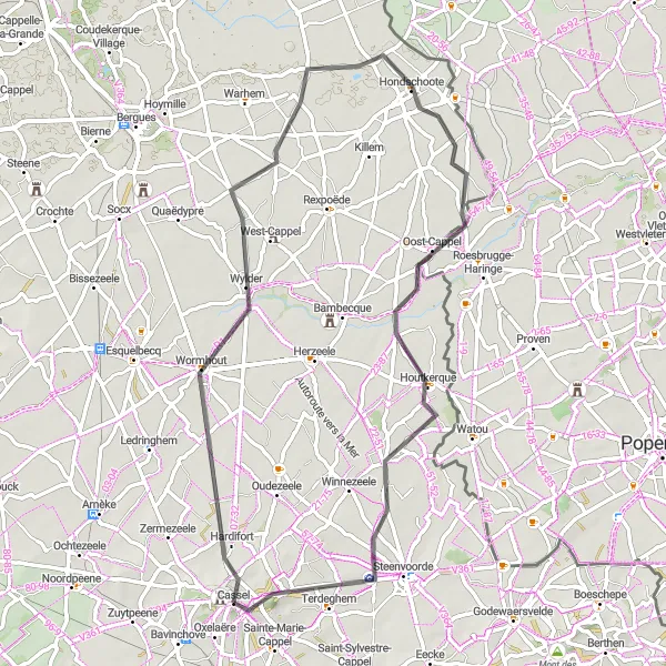 Map miniature of "Cassel and the Mont des Récollets" cycling inspiration in Nord-Pas de Calais, France. Generated by Tarmacs.app cycling route planner