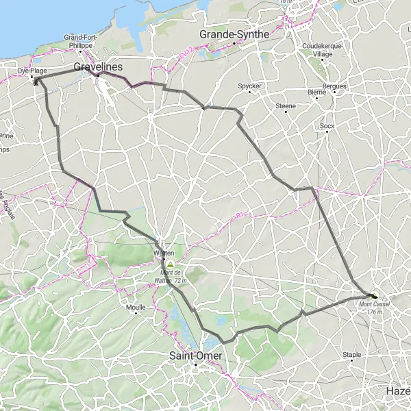Miniature de la carte de l'inspiration cycliste "Exploration des environs de Cassel en vélo" dans la Nord-Pas de Calais, France. Générée par le planificateur d'itinéraire cycliste Tarmacs.app