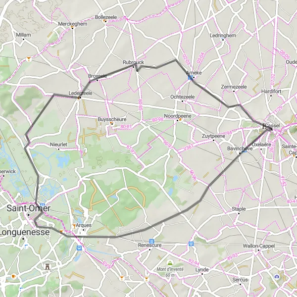 Map miniature of "Cassel Countryside Loop" cycling inspiration in Nord-Pas de Calais, France. Generated by Tarmacs.app cycling route planner