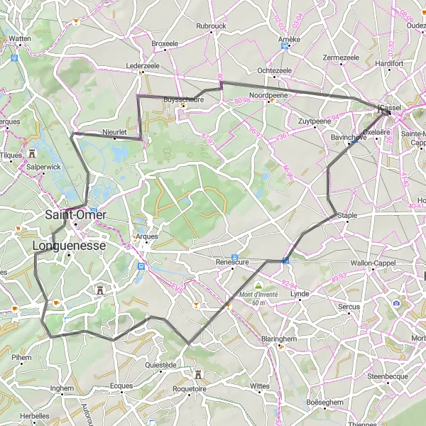 Map miniature of "Saint-Omer Grand Loop" cycling inspiration in Nord-Pas de Calais, France. Generated by Tarmacs.app cycling route planner