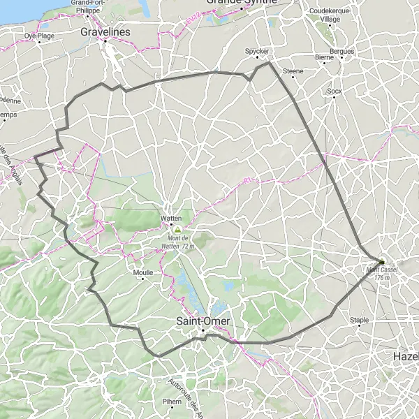 Map miniature of "Capelle Loop" cycling inspiration in Nord-Pas de Calais, France. Generated by Tarmacs.app cycling route planner